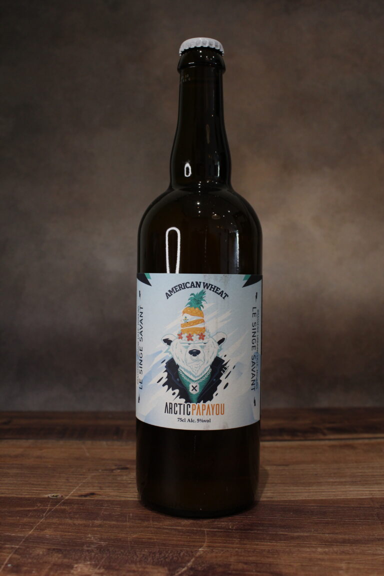 Photo de face d'une bouteille d'Artic Papayou par la brasserie du Singe Savant