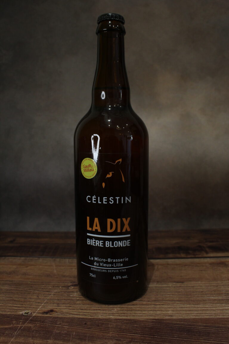 Photo de face d'une bouteille de la dix, bière blonde de la brasserie Célestin