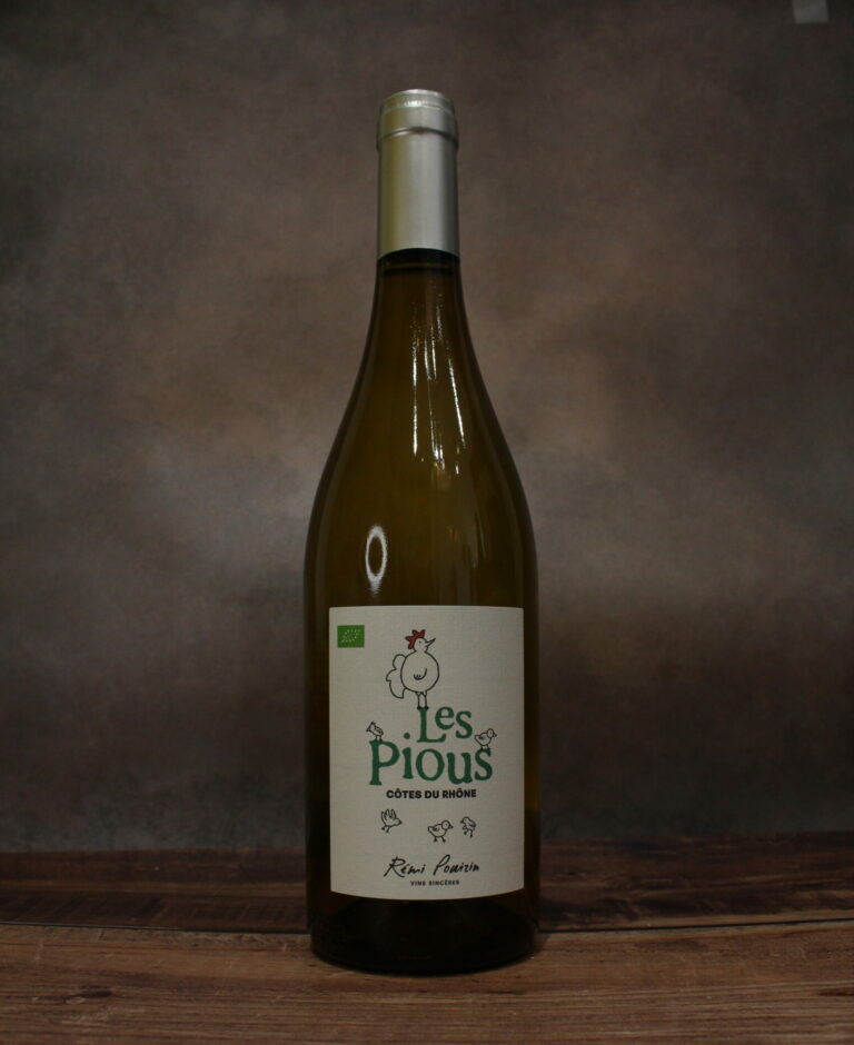 Photo de face d'une bouteille de vin blanc Les Pious